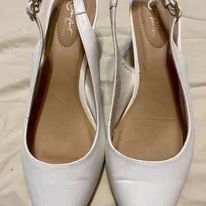 White kitten heel sling backs